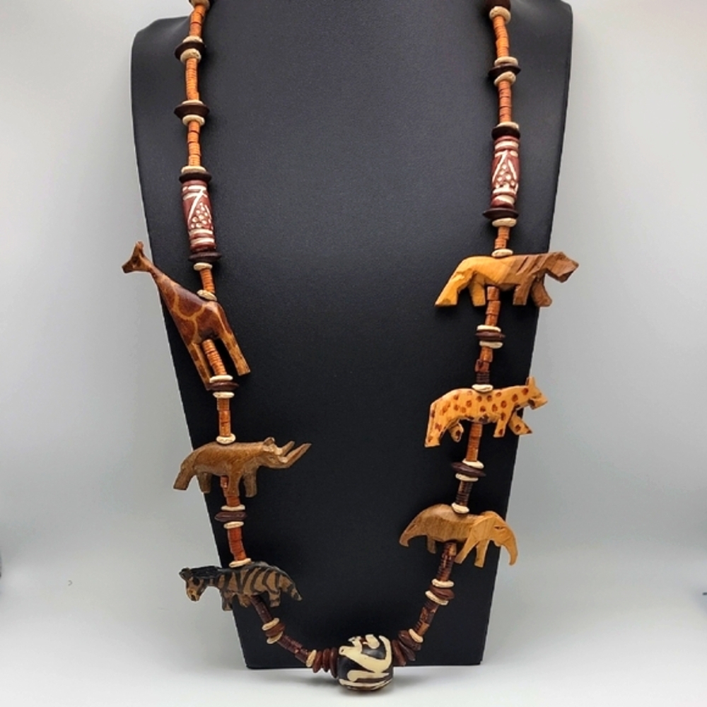 Handcrafted Animal Charm Necklace - Natural Wood Seed Pottery Ethnic Tribal 28"